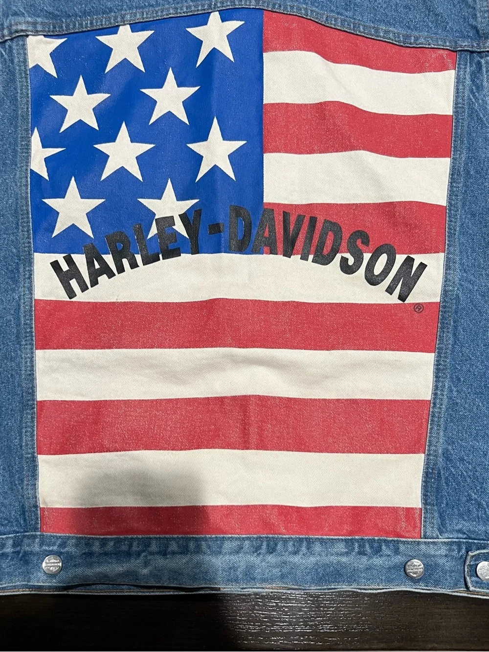 Harley-Davidson Biker Blues XL Denim Sleeveless Vest Frayed Sleeves USA Flag